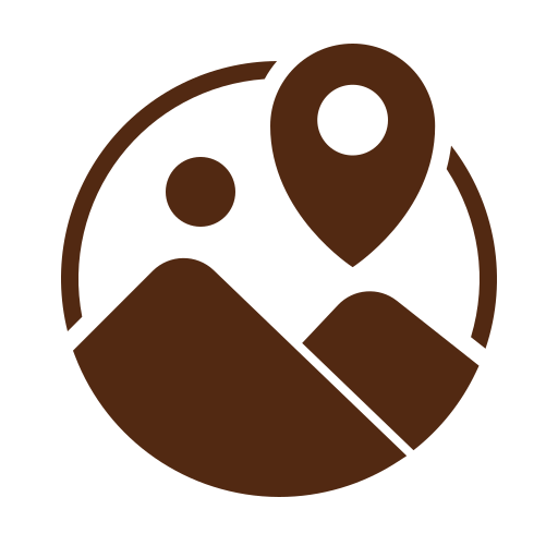 A brown icon of a map with a pin on it.