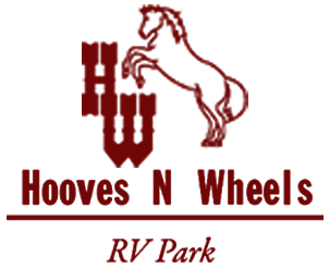 Logo for Hooves N Wheels RV Park: A rearing horse above stylized 