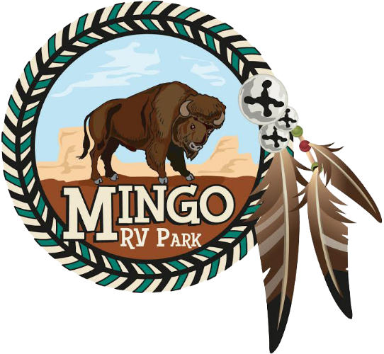 A logo for mingo rv park with a bison and feathers