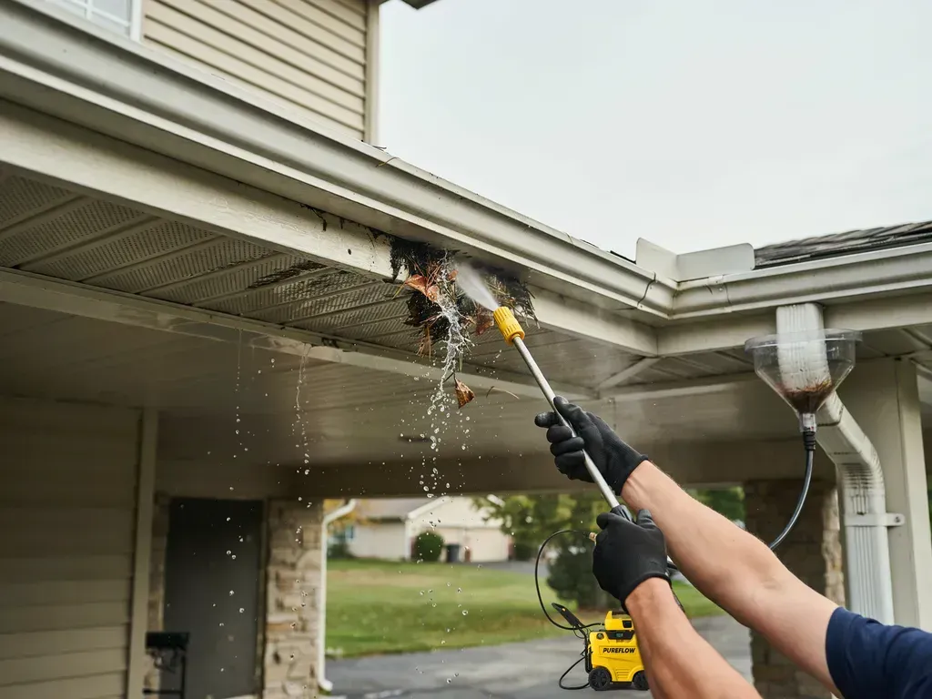 Person pressure-washing a house gutter with a long spray wand and yellow tool truck below
