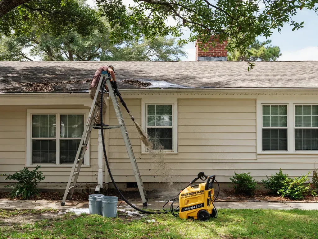 Worker on ladder inspecting house roof with tools and equipment in front yard.
