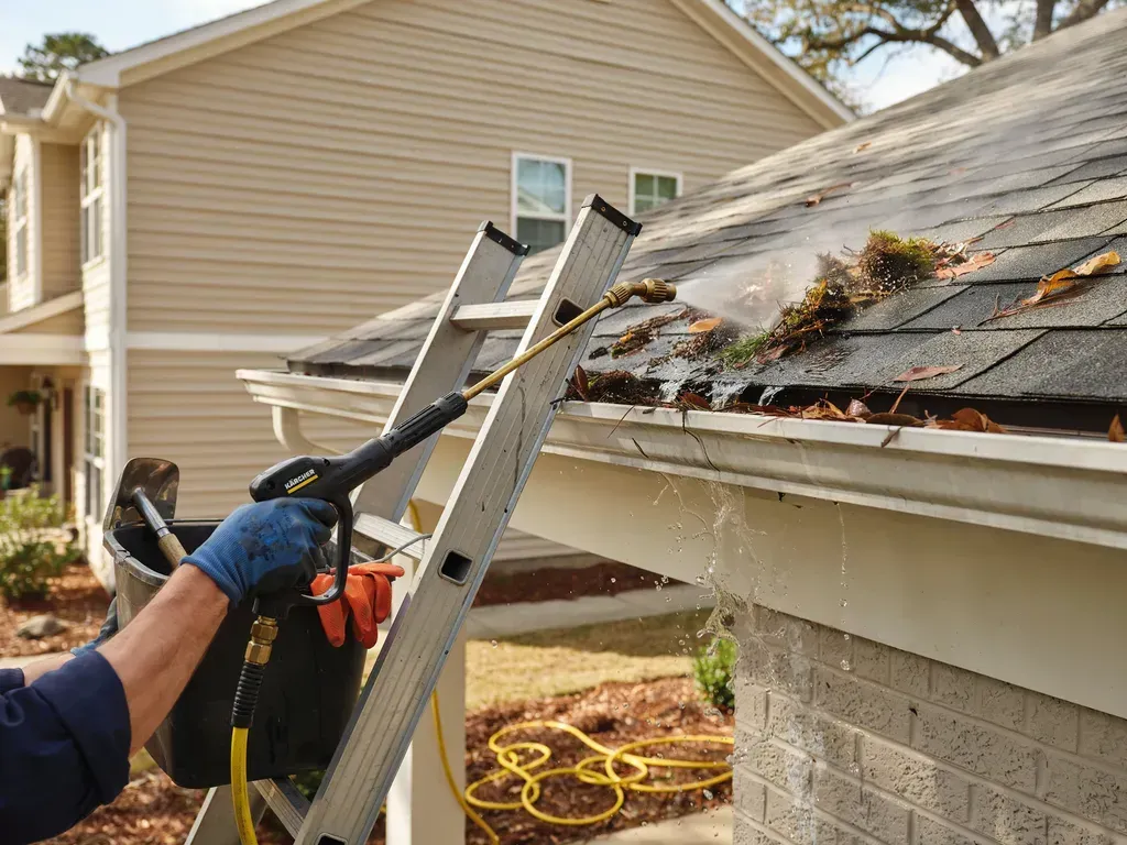 Worker on ladder repairing damaged roof and gutter on a house