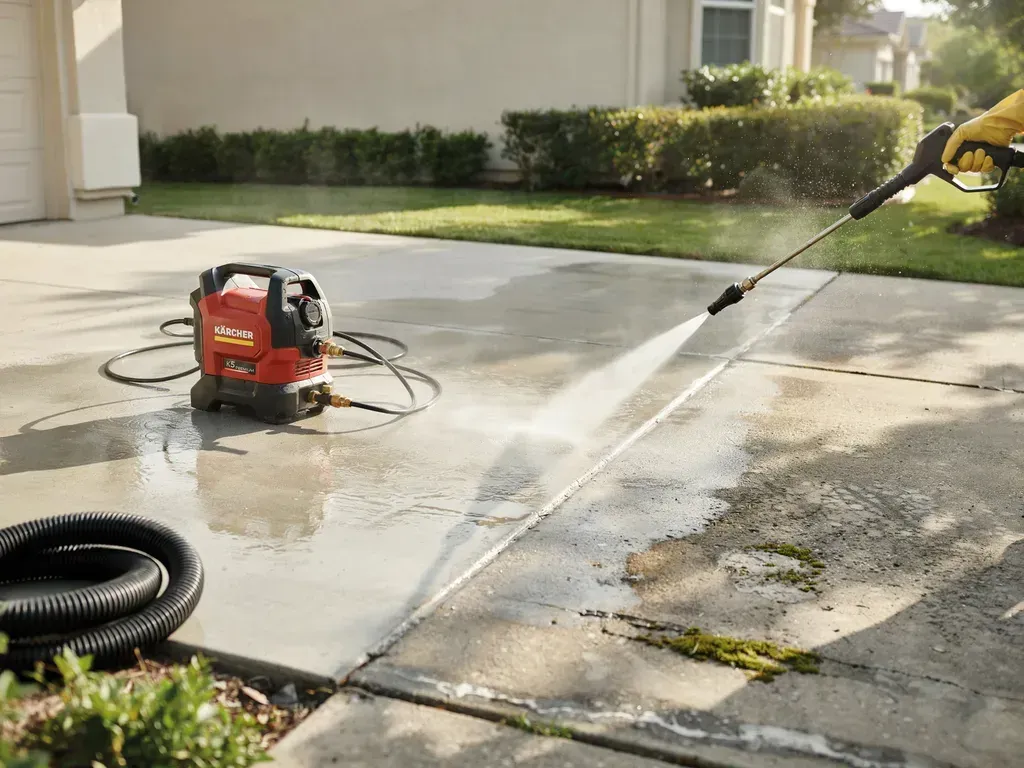 Worker pressure-washing a driveway beside a red machine and black hose on a sunny residential sidewalk