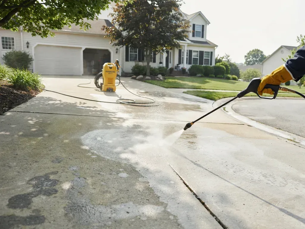 Workers pressure-washing a suburban driveway outside a white house
