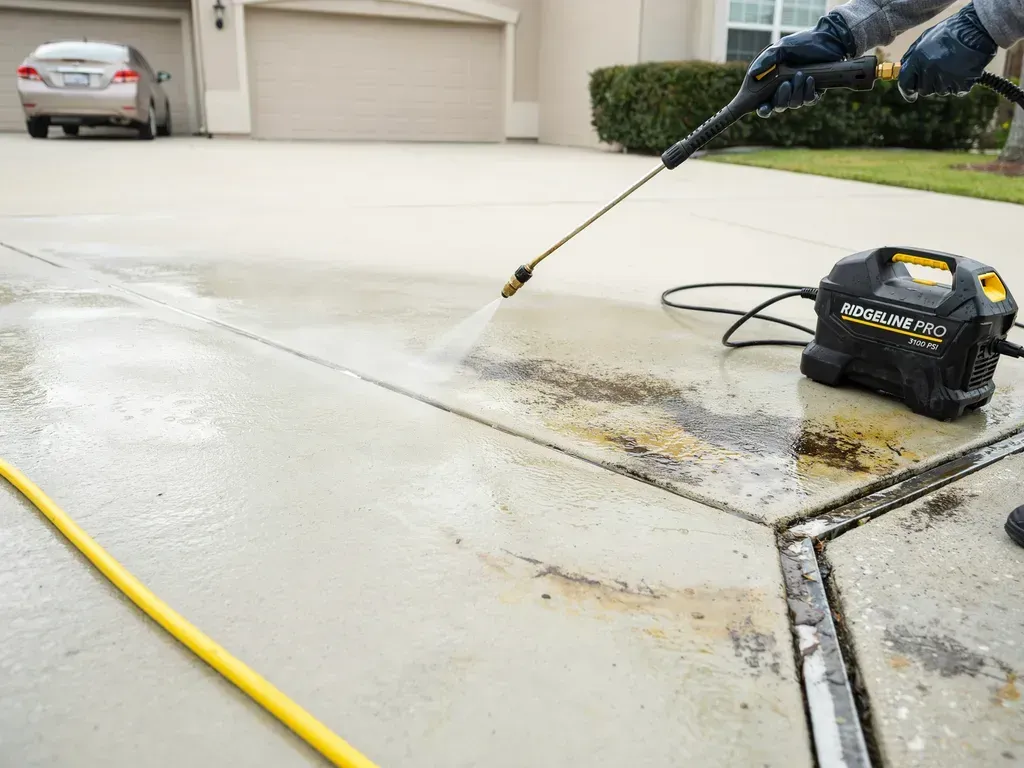 Person pressure washing a driveway with a yellow hose and black washer near a garage