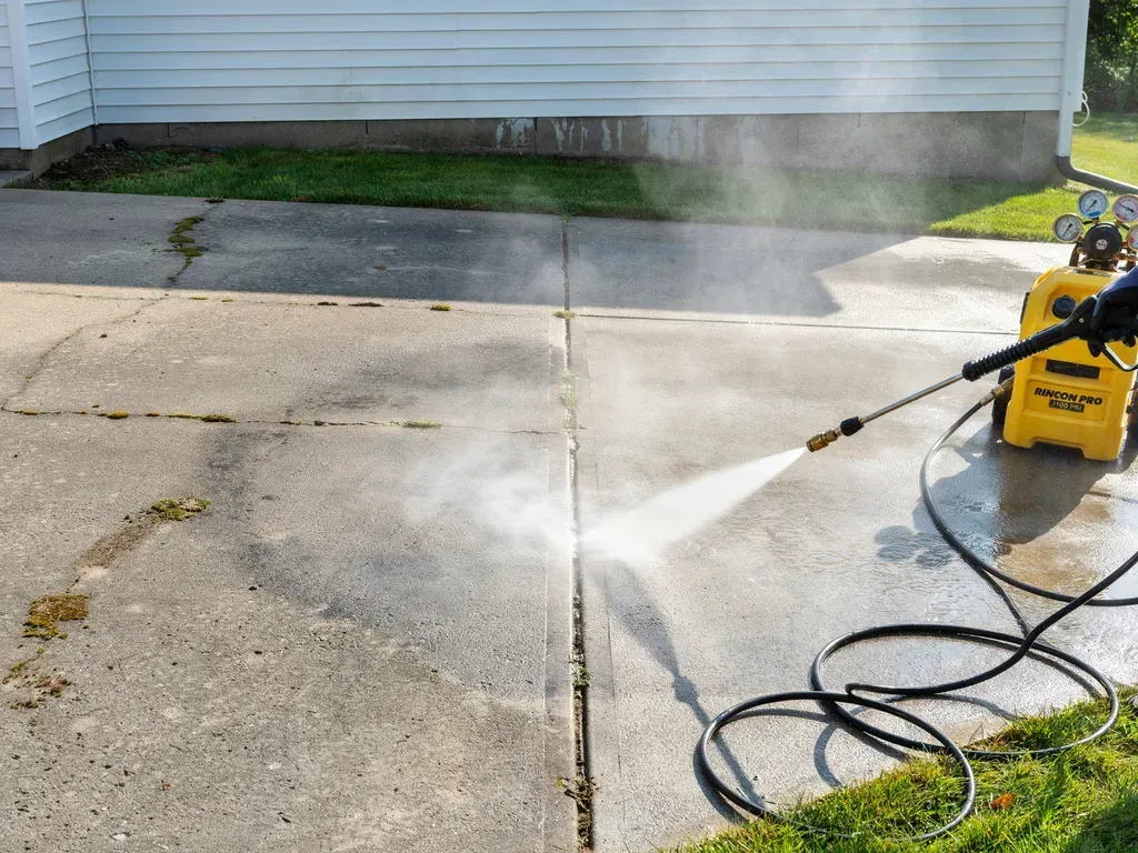 Person pressure-washing a concrete driveway beside a house, with water spraying across the pavement.