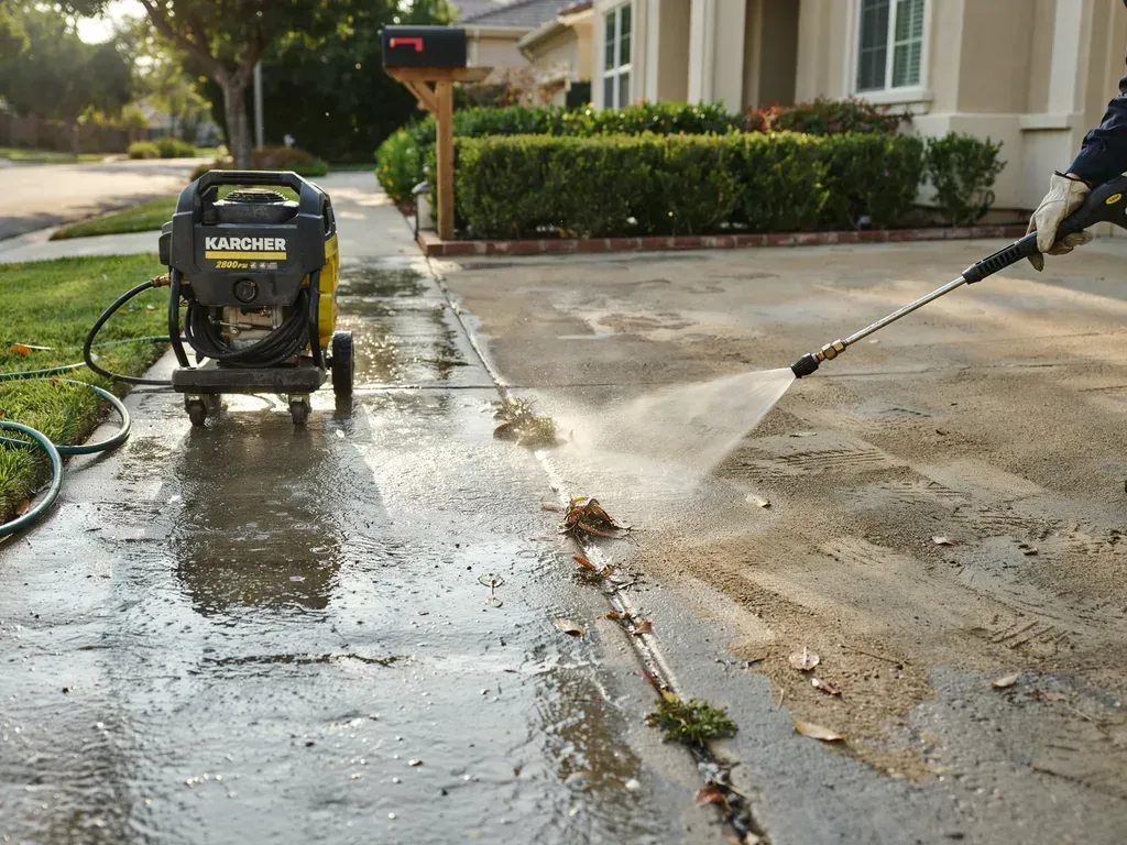 Worker pressure-washing a driveway beside a house, spraying water across wet concrete.