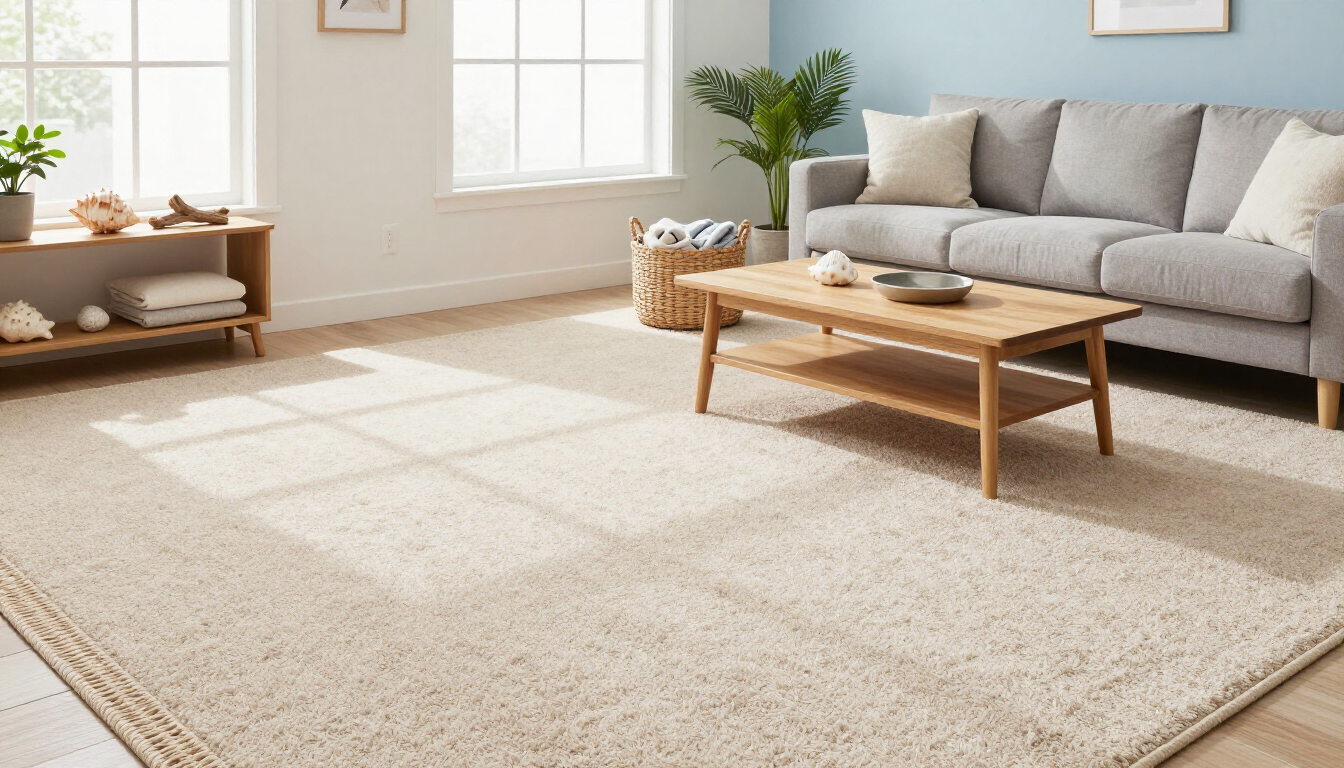 Bright living room with a gray sofa, wooden coffee table, large cream rug, and sunlight through a window.