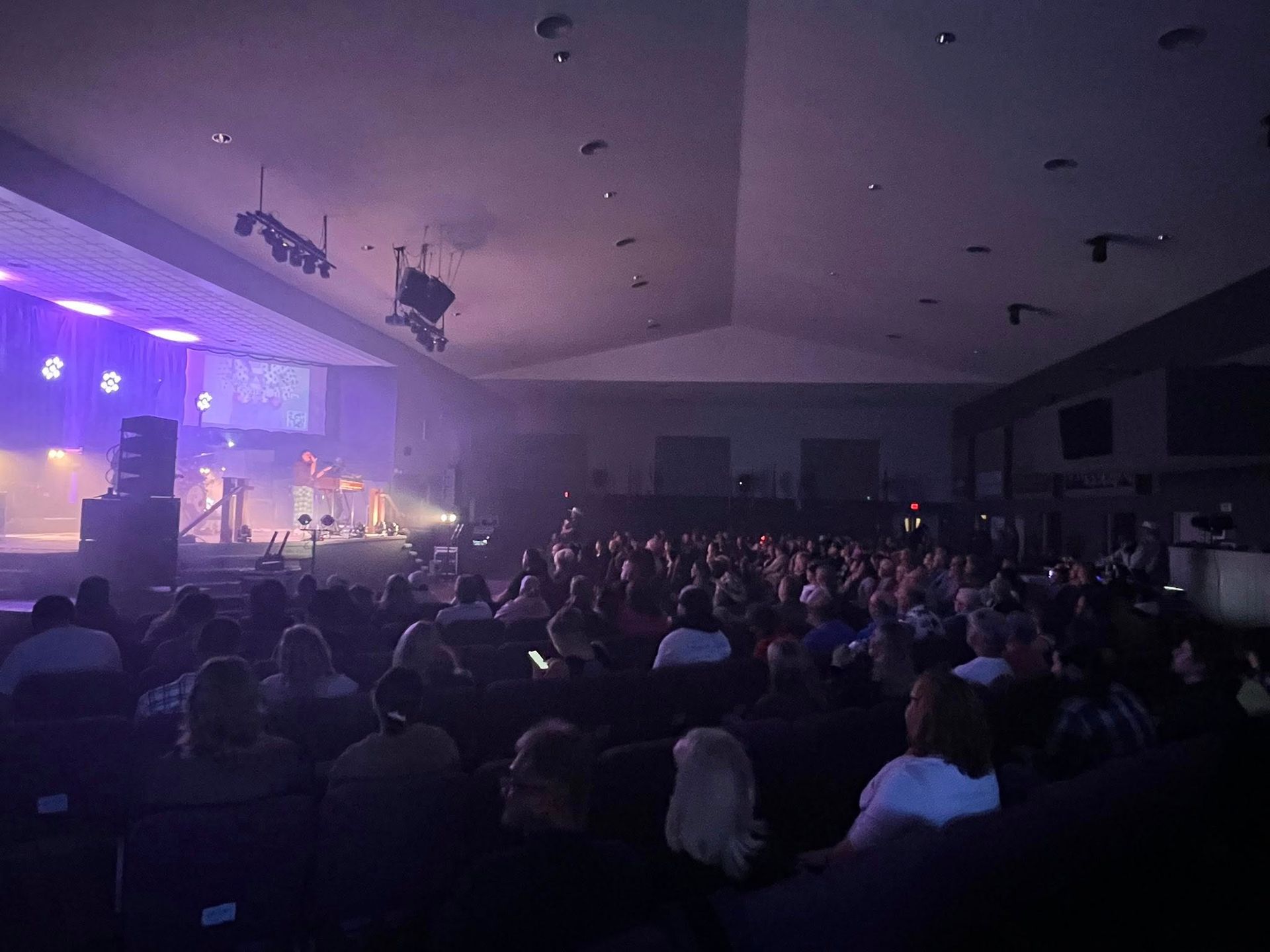 Audience watching a live concert in a dimly lit auditorium with purple stage lights