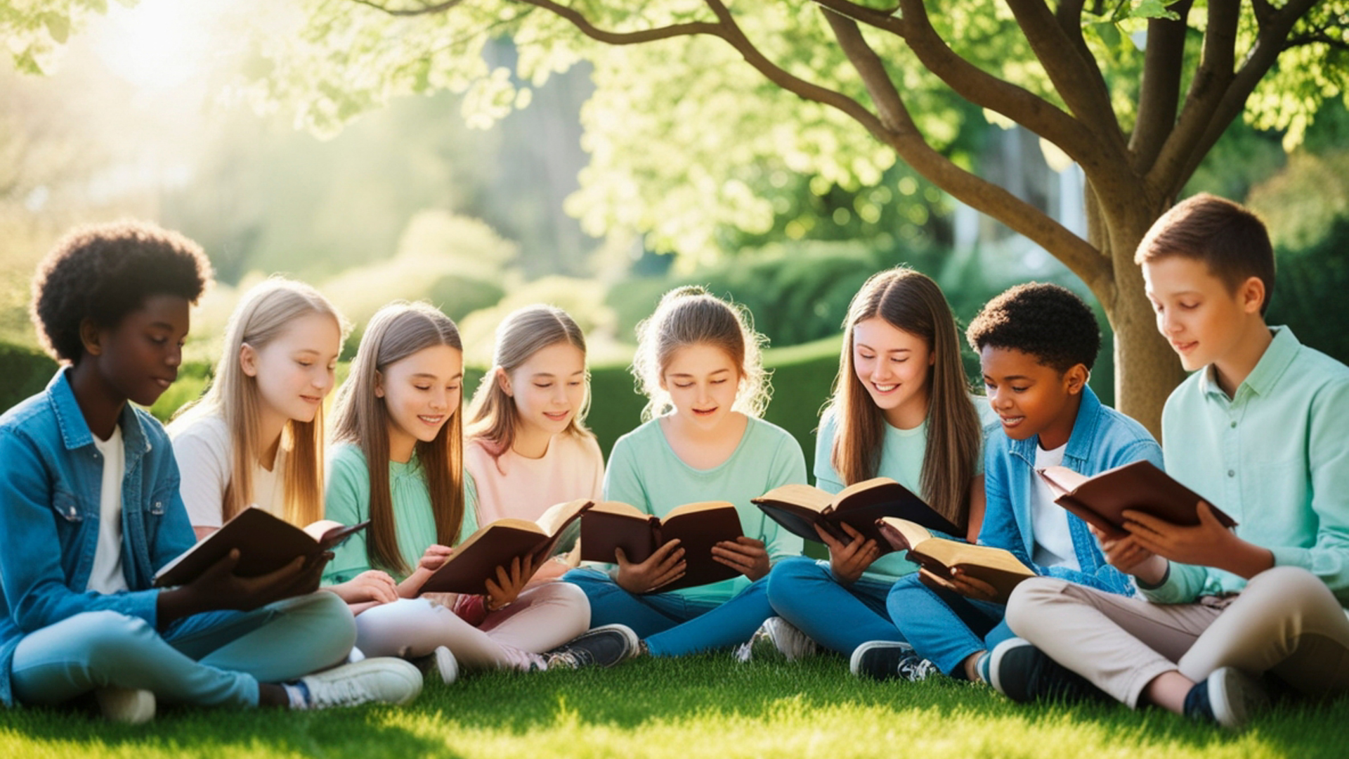 Children sitting on grass under a tree, reading books together in a sunny park