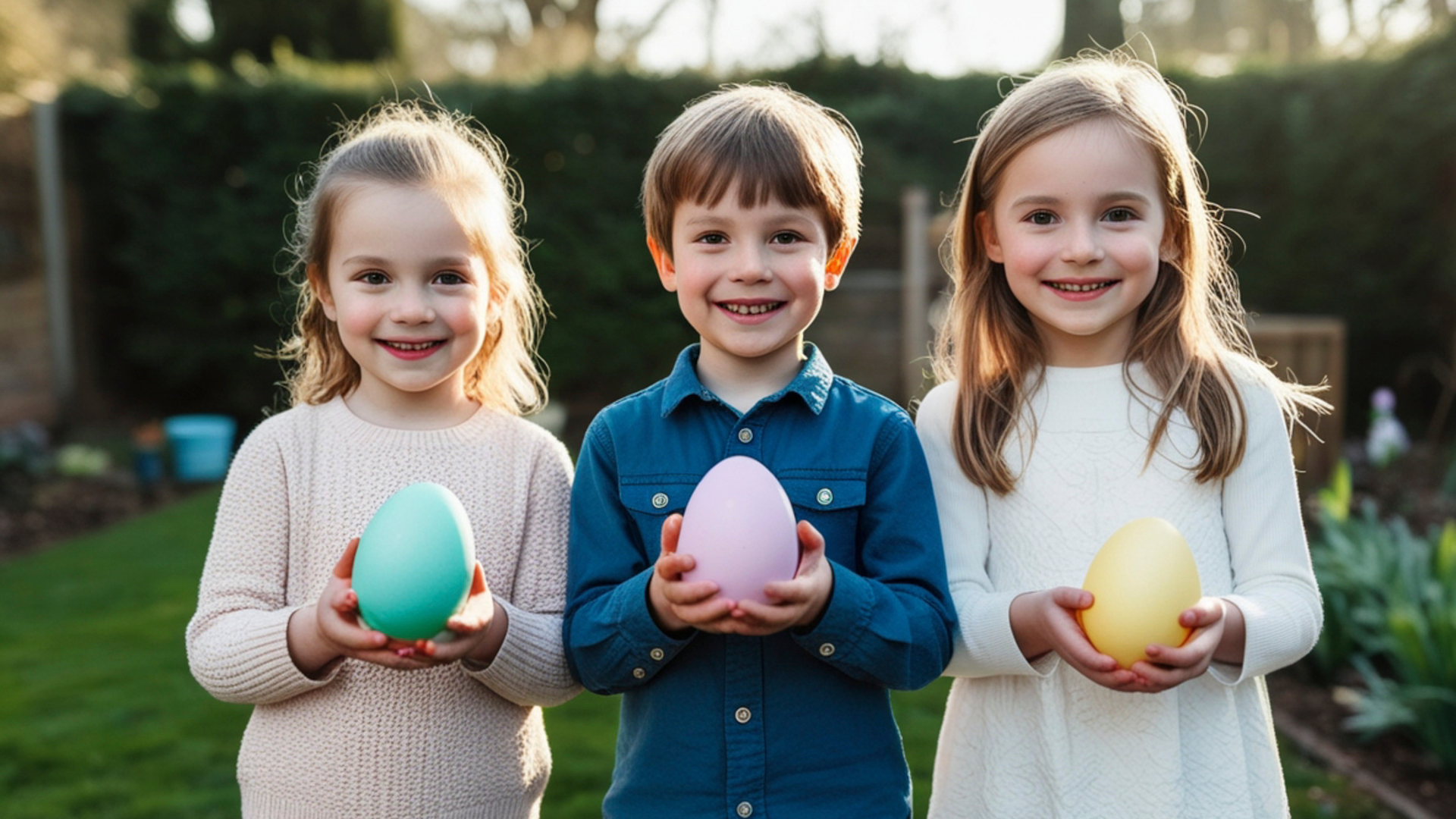 Three children outdoors holding colorful Easter eggs and smiling at the camera
