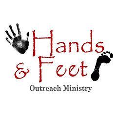 Hands & Feet Outreach Ministry logo with black handprint and footprint and red text on white background