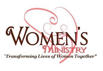 Women’s Ministry logo with brown text and pink heart, tagline “Transforming Lives of Women Together”