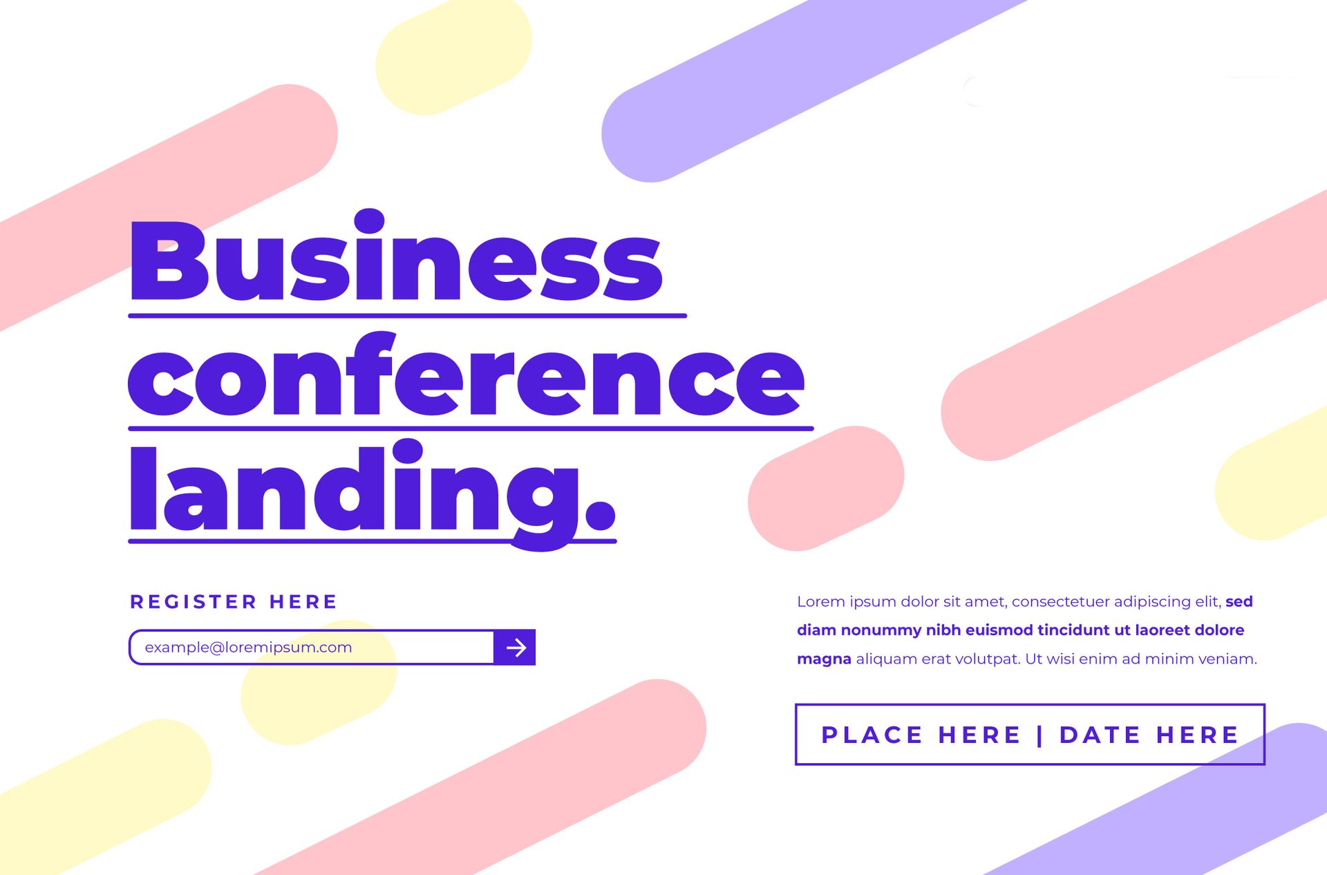 A business conference landing page with a search bar and a place here button.