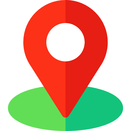 A red and green map pin with a white circle in the middle.