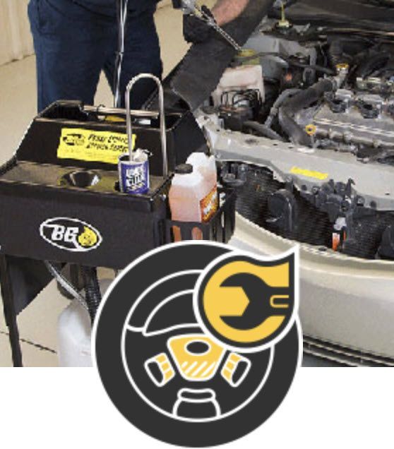 A man is working on a car with a bb logo in the corner - A Street Automotive