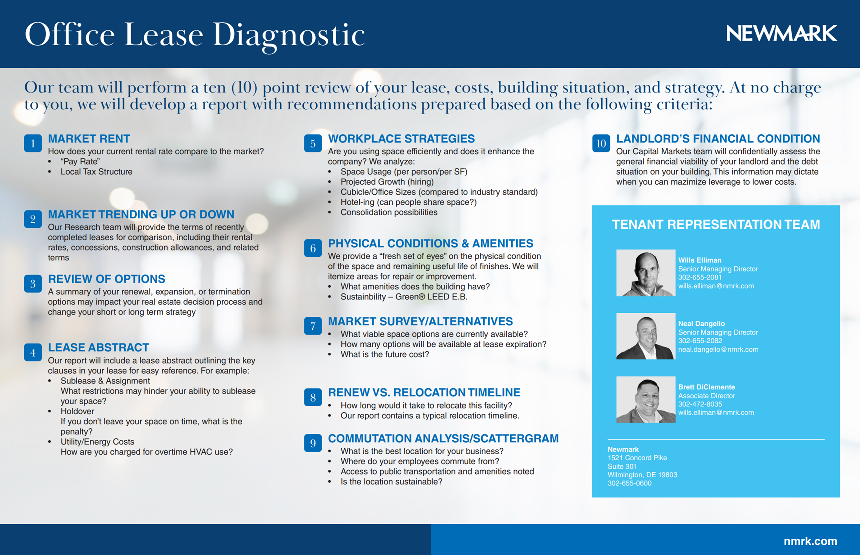 A blue poster with the words office lease diagnostic on it
