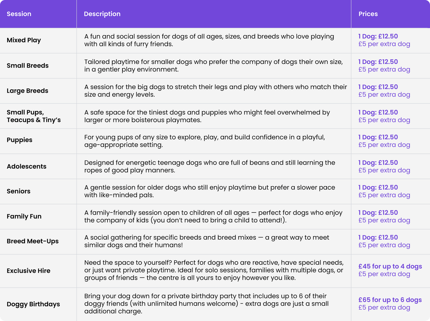 A guide table of the different available sessions at The Dug and Bone.