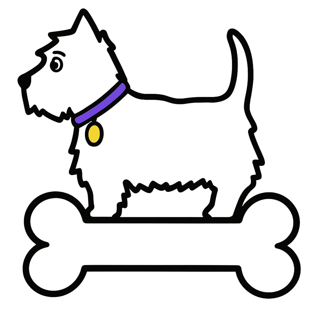 A white dog with a purple collar is standing next to a bone.