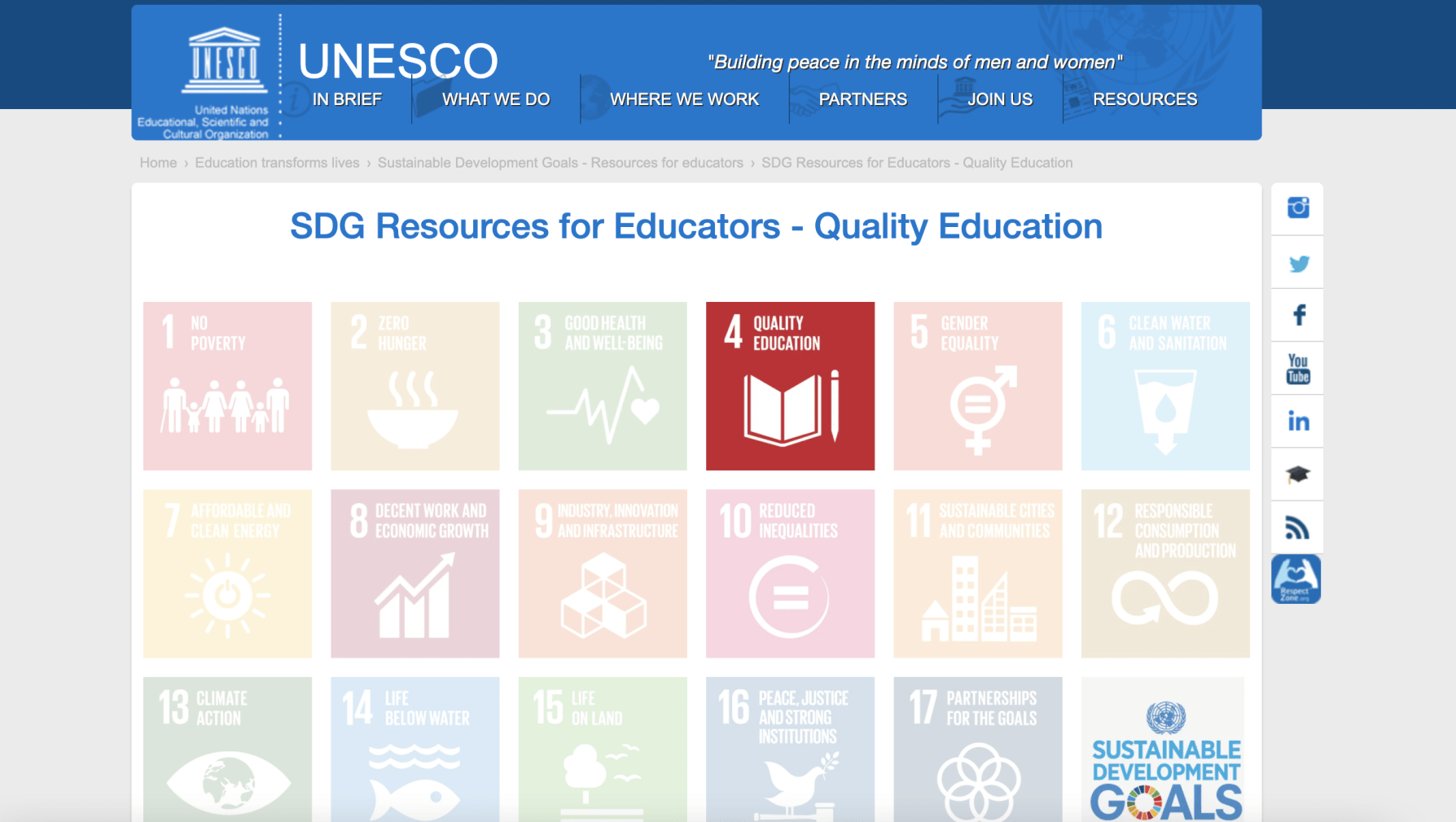 UNESCO home page for SDG Resources for educators - multi colored boxes with icons showing the different programs you can click on to enter