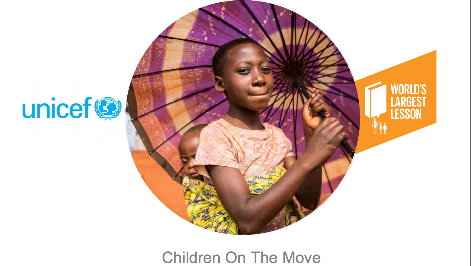 UNICEFF- children on the move PDF graphic with a round photo of young girl in Africa wearing a pink shirt, holding a decorative, purple, cloth umbrella