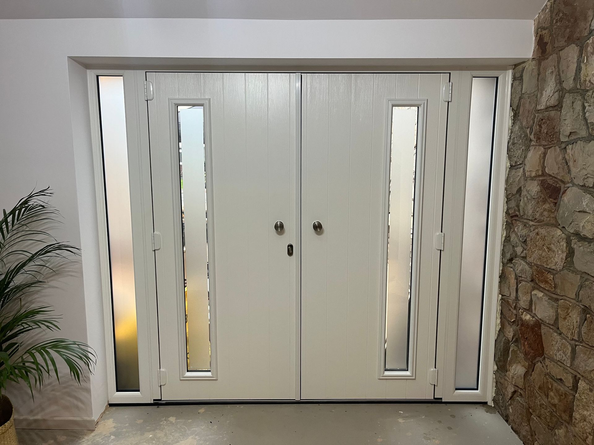 A white door with a plant in front of it.