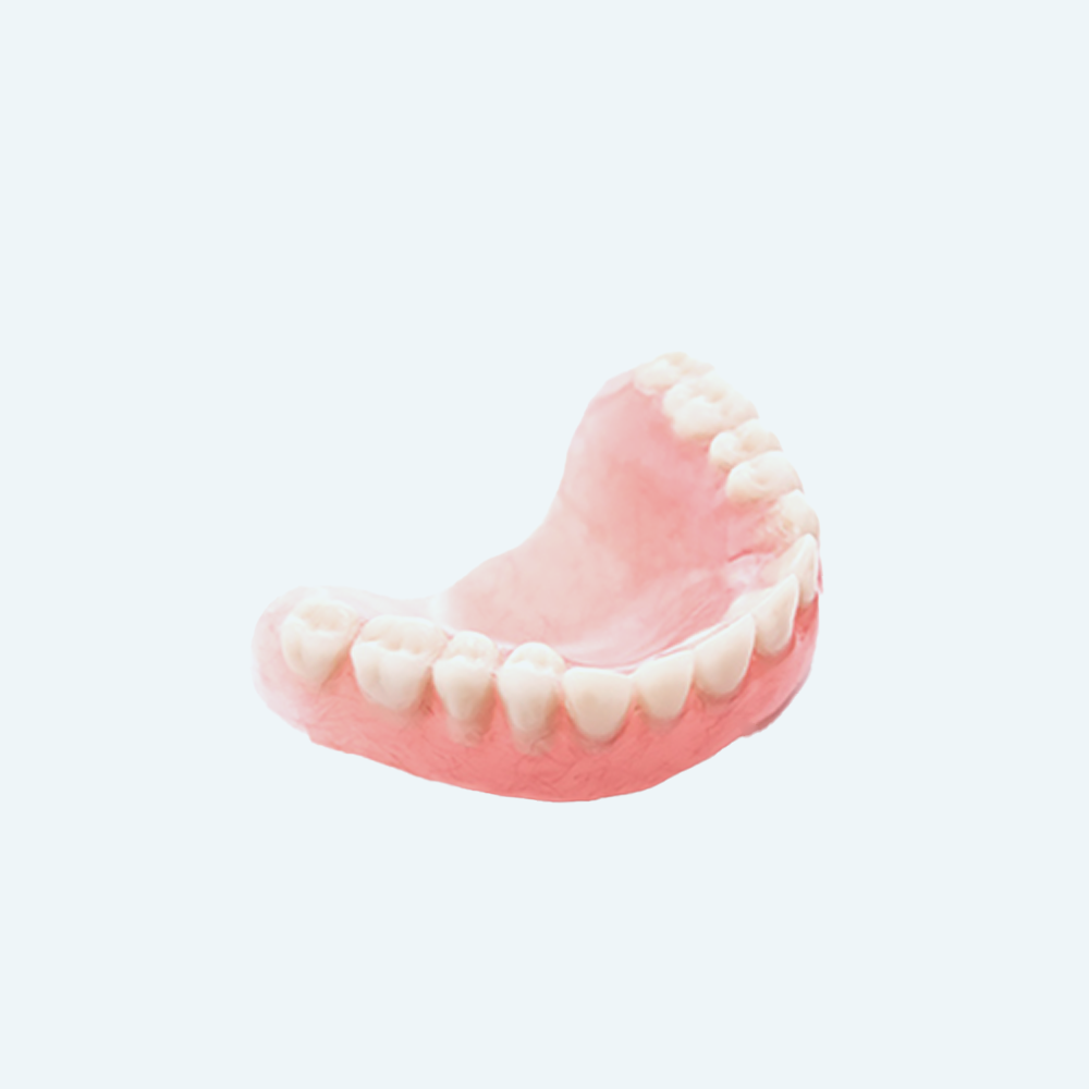 Upper denture with pink base and white teeth.