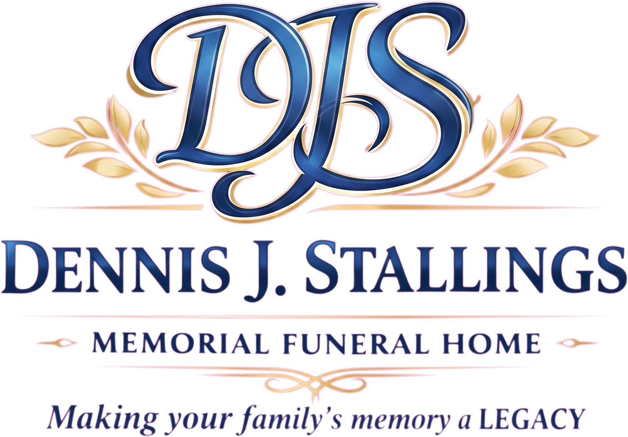 Logo for Dennis J. Stallings Memorial Funeral Home with blue stylized initials, elegant text, and gold leaf graphics.