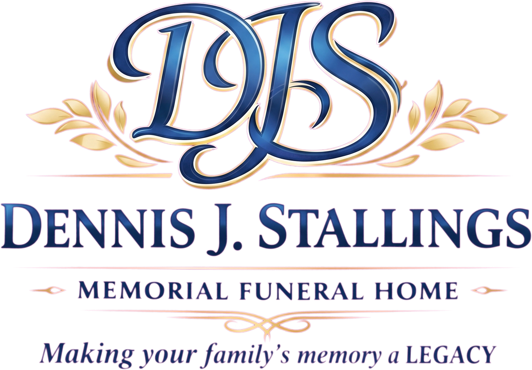 Logo for Dennis J. Stallings Memorial Funeral Home with blue stylized initials, elegant text, and gold leaf graphics.