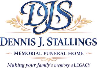 Logo for Dennis J. Stallings Memorial Funeral Home with blue stylized initials, elegant text, and gold leaf graphics.