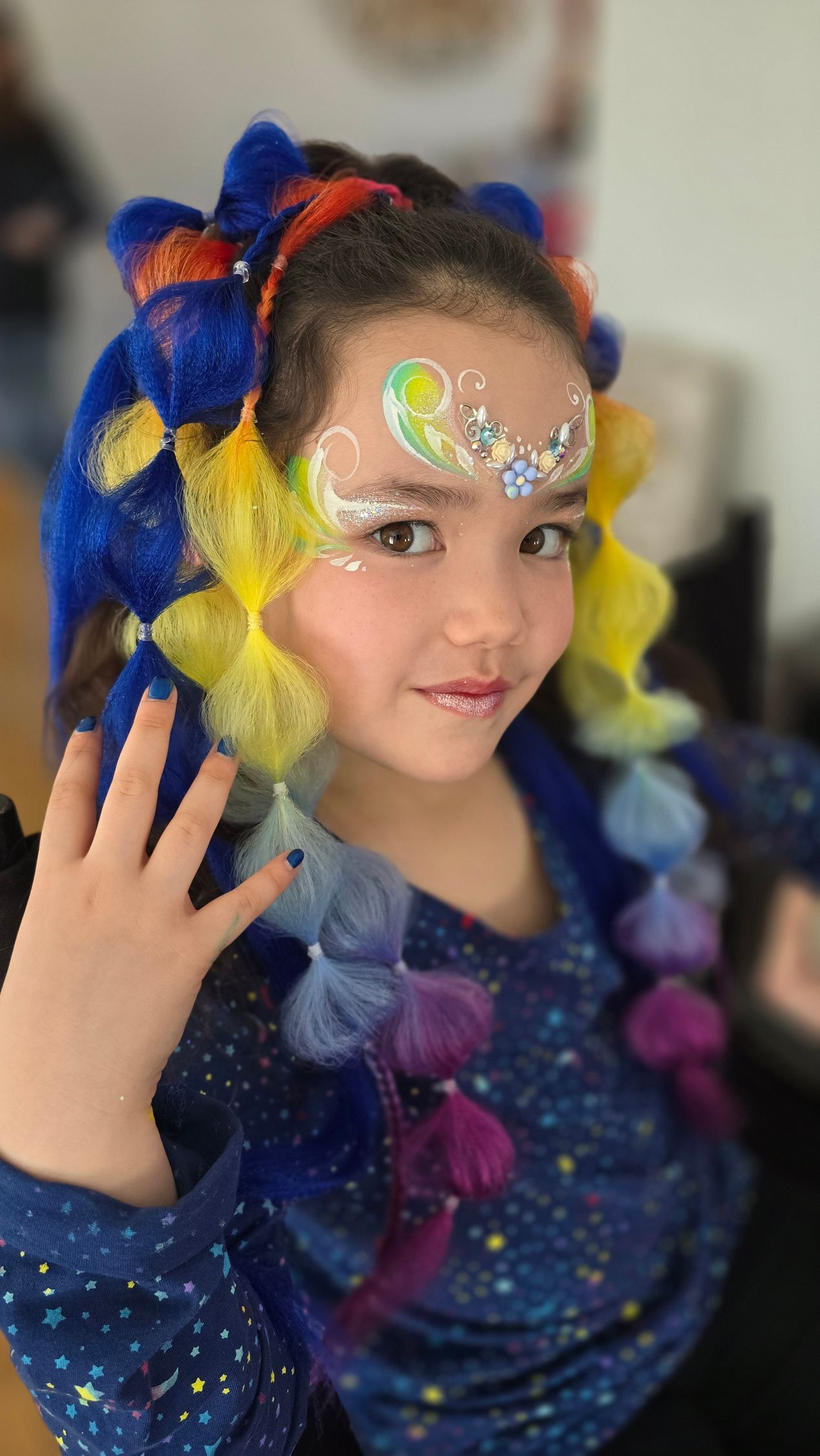 Beauty set. Bubble hair extensions, braiding, gem stickers, face painting, nail polish