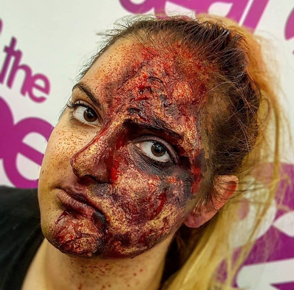 Special effect makeup for Halloween corporate event. Burned face makeup