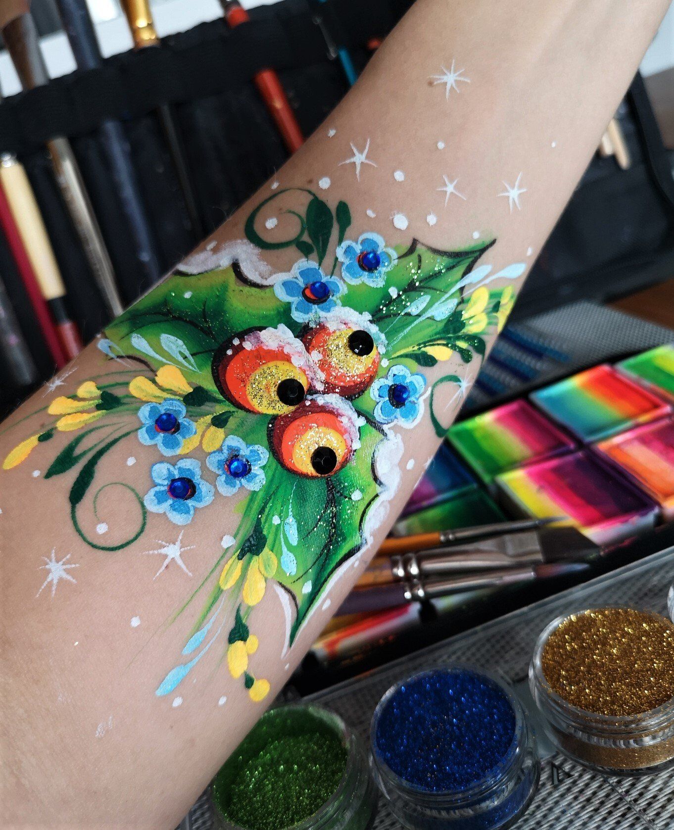 Christmas body art free hand  tattoo . Winter holidays face painting design