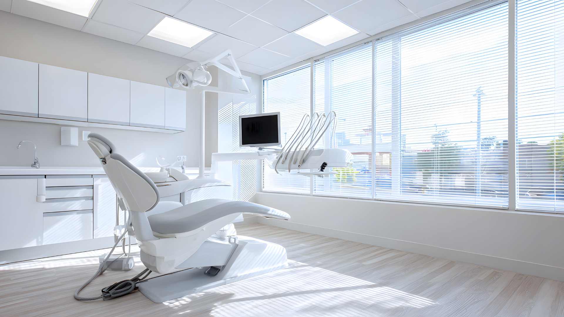 White dental office with chair, equipment, cabinets, and a large window.