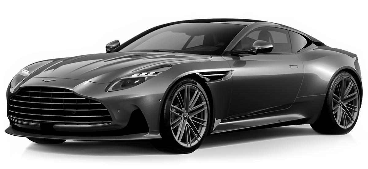 A black and white photo of a aston martin db12 s coupe on a white background.