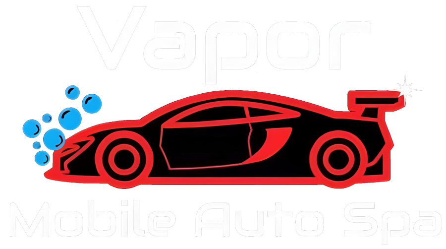 The logo for vapor mobile auto spa shows a car with bubbles coming out of it.