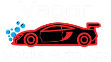 The logo for vapor mobile auto spa shows a car with bubbles coming out of it.