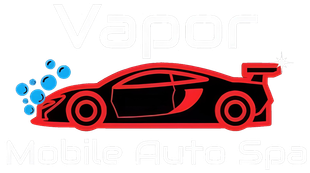 The logo for vapor mobile auto spa shows a car with bubbles coming out of it.