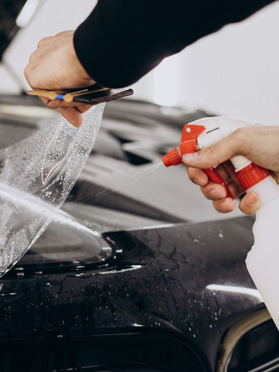 A person is applying a protective film to the hood of a car.