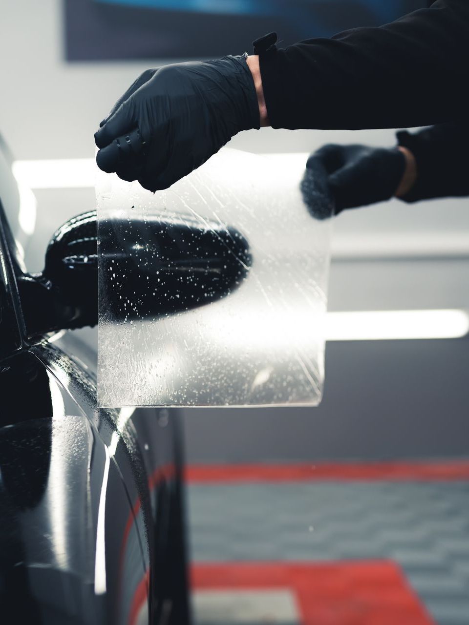A person wearing black gloves is applying a clear film to the side mirror of a car.