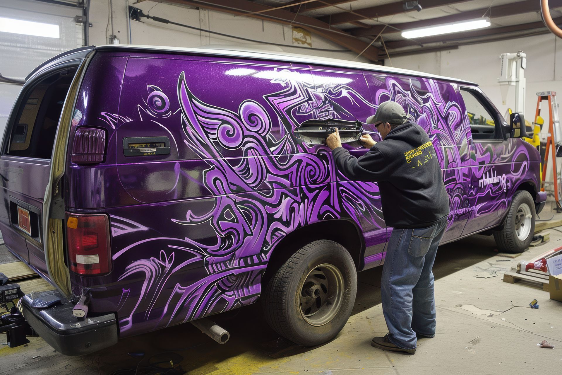 A man is working on a purple van in a garage