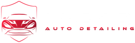 Logo of a red car inside a shield with "AUTO DETAILING" in red text.