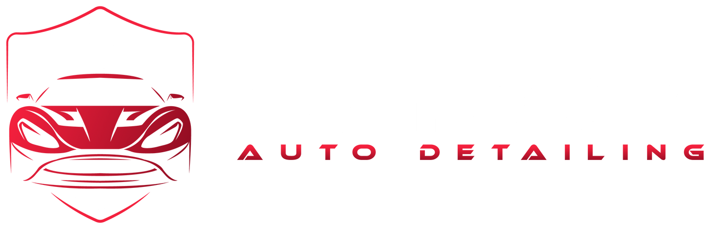 Logo of a red car inside a shield with "AUTO DETAILING" in red text.
