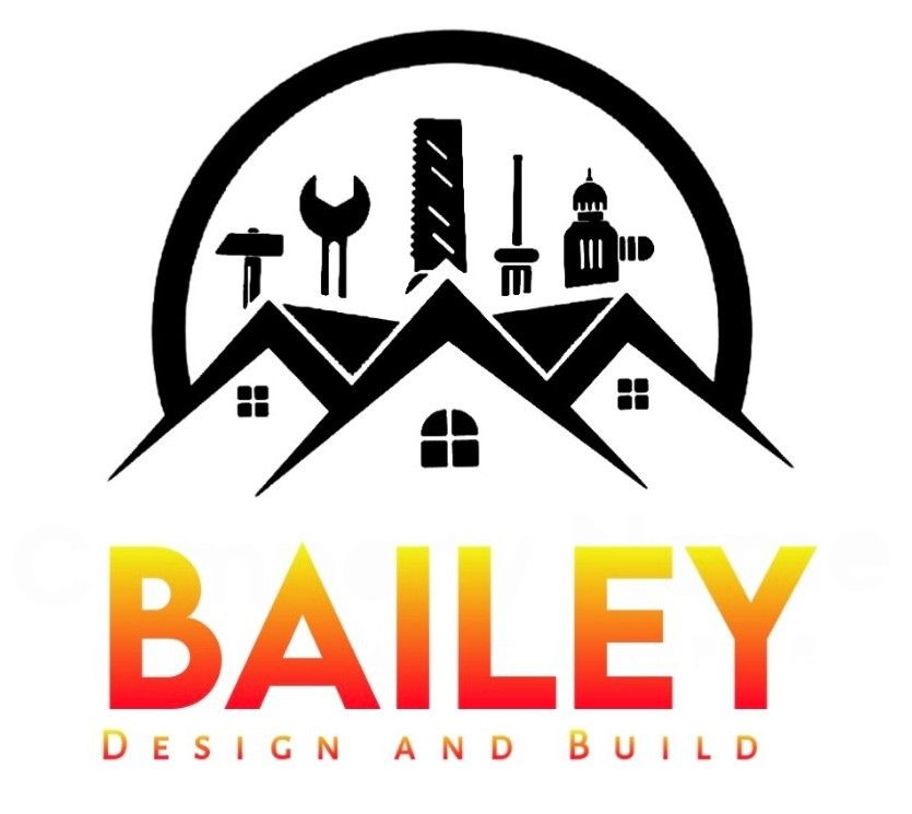 Logo for Bailey Design and Build, featuring a house silhouette with tools above and the name below.