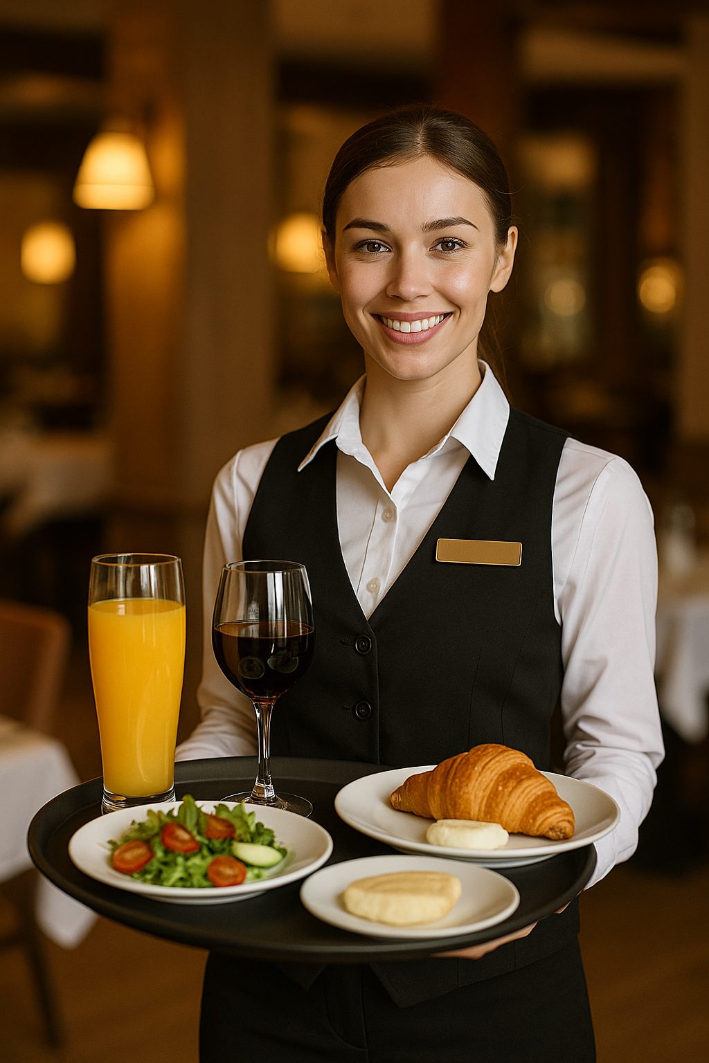 A waitress is holding a tray of food and drinks in a restaurant.