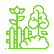 a green line drawing of a garden with trees and a fence