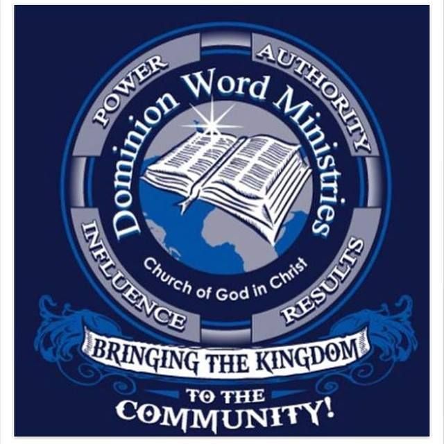 Logo for Dominion Word Ministries, a Church of God in Christ. Blue and white with bible, globe, and text