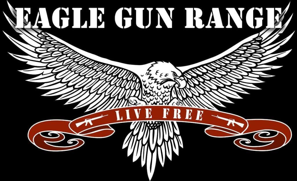 Eagle Gun Range logo: eagle with outstretched wings, banner with guns, and