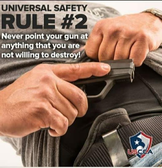 Person holstering a handgun. Text: Universal safety rule #2: Never point your gun at anything that you are not willing to destroy! USCCA logo.