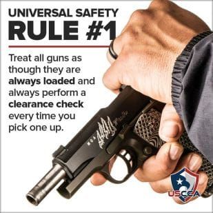 A hand holding a black handgun with text: Treat all guns as always loaded, perform clearance check.